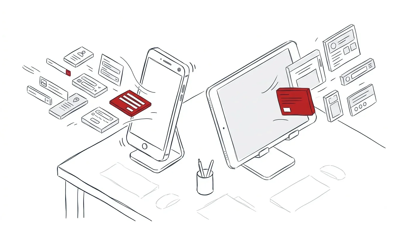 Skizze von mobilen Endgeräten mit digitalen Formularen