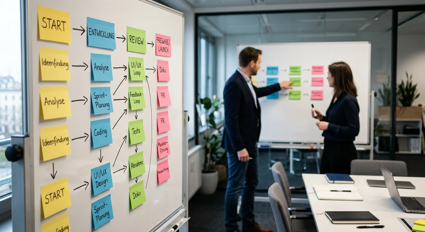 Whiteboard mit strukturierten Notizzetteln zur Visualisierung von Arbeitsabläufen