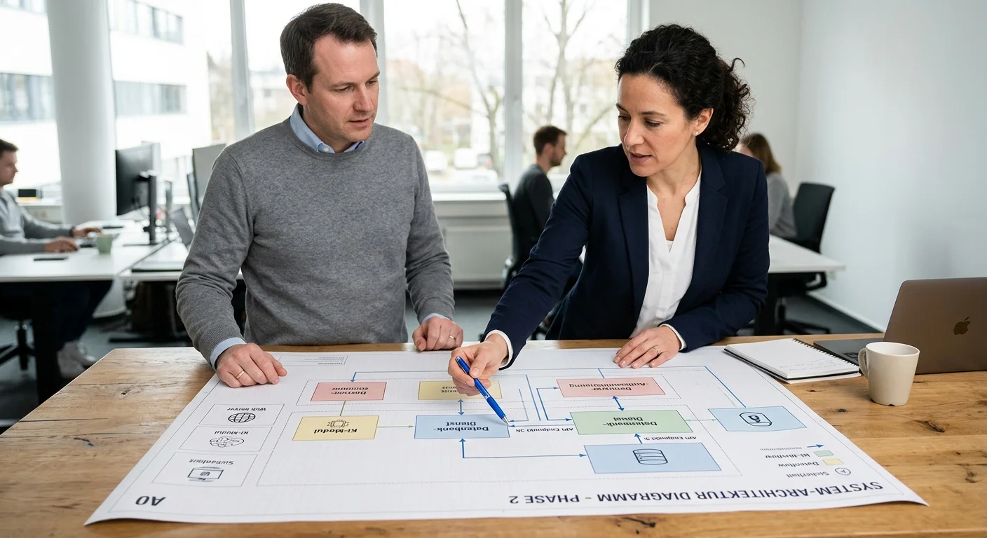 Zwei Personen analysieren kontextuelle Verknüpfungen in einer Struktur