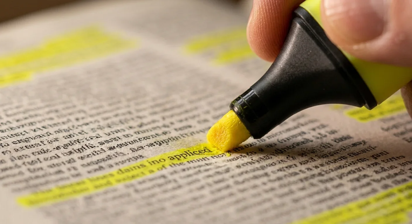Hand markiert Text in einem Fachbuch mit einem Textmarker