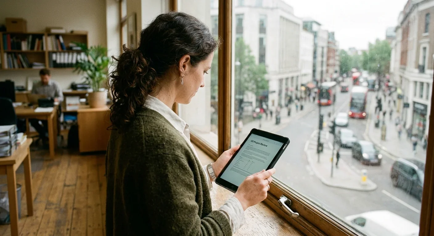 Person liest Informationen auf einem Tablet am Fenster