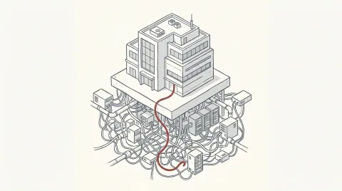 Illustration eines Firmengebäudes mit einem verborgenen Netzwerk darunter