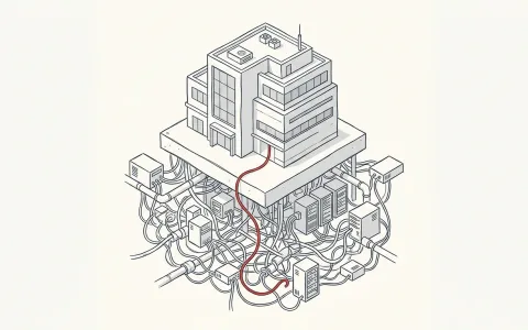 Illustration eines Firmengebäudes mit einem verborgenen Netzwerk darunter