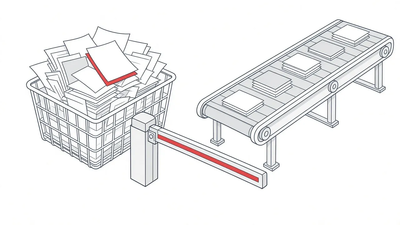 Illustration eines vollen Postkorbs mit geschlossener Schranke und einem systematischen Fließband