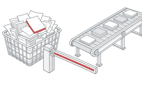 Illustration eines vollen Postkorbs mit geschlossener Schranke und einem systematischen Fließband