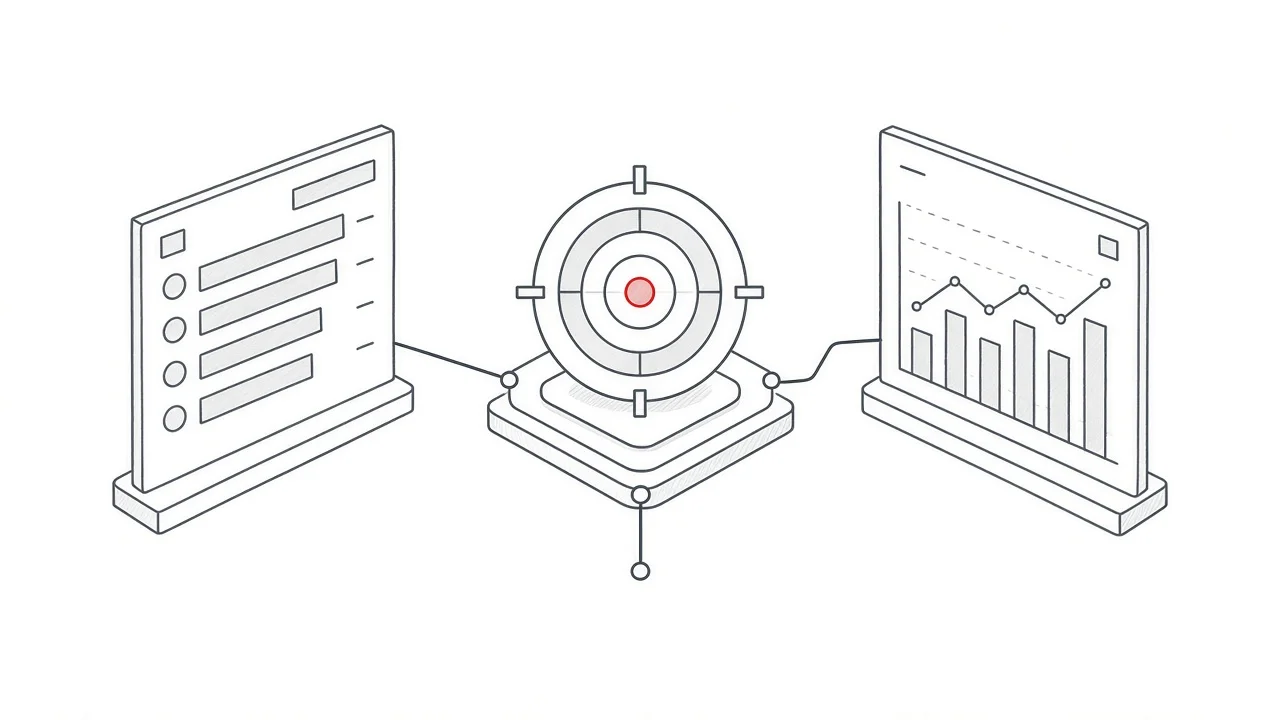 Wireframe eines SEO-Dashboards mit verbundenen Kennzahlen
