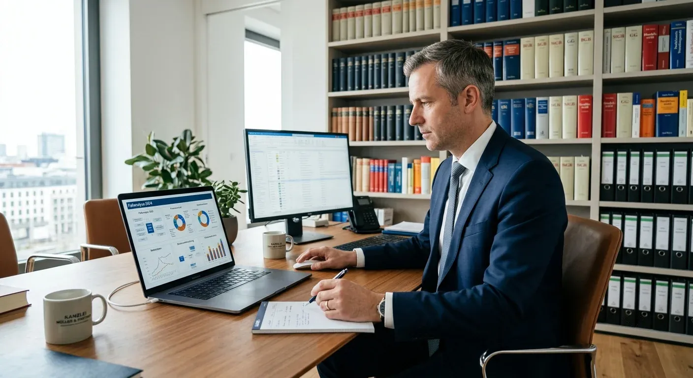 Ein Rechtsanwalt analysiert die digitale Sichtbarkeit seiner Kanzlei am Laptop