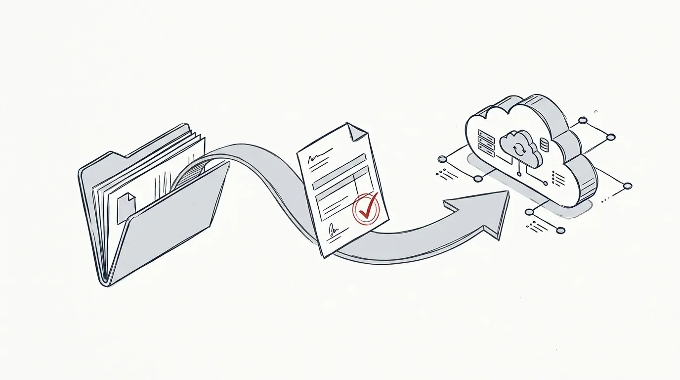 Skizze eines Dokumentes mit Stempel und Pfeil, der in eine digitale Struktur führt, als Symbol für Fördermittel