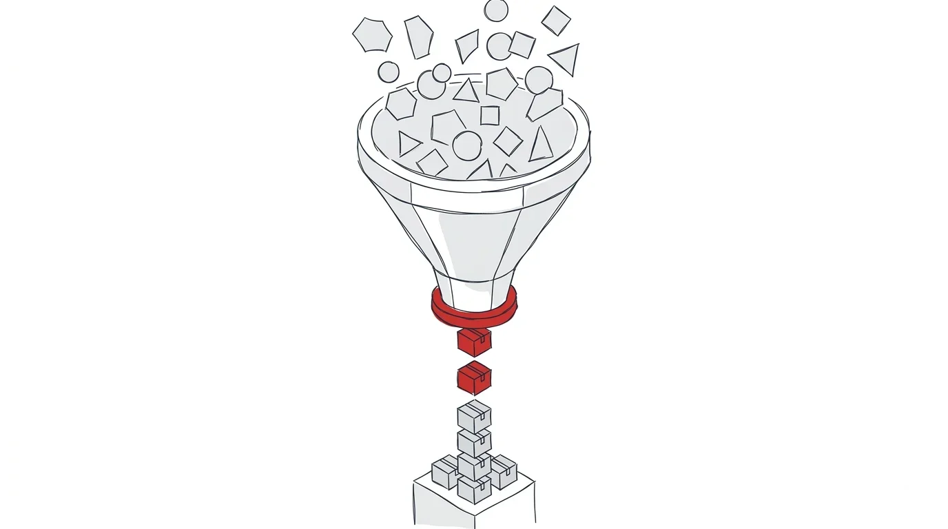 Illustration eines Trichters, der rohe Anforderungen in ein strukturiertes Backlog verwandelt