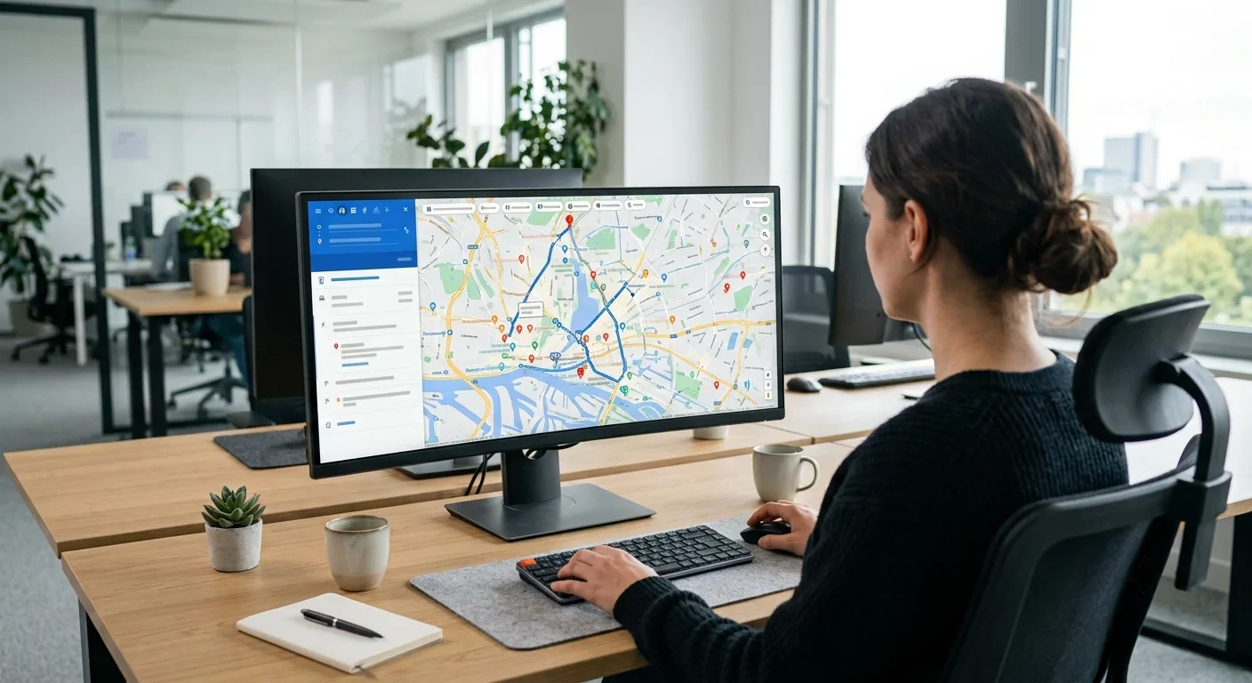 Nutzer prüft Arbeitsweg und Standort auf einem Monitor