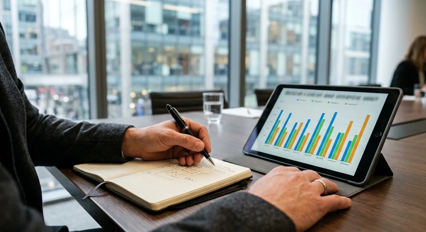 Analyse von Reichweiten-Daten und Themenplanung auf einem Tablet