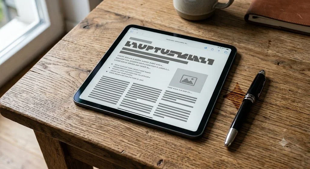 Tablet mit schematischem Artikel-Layout