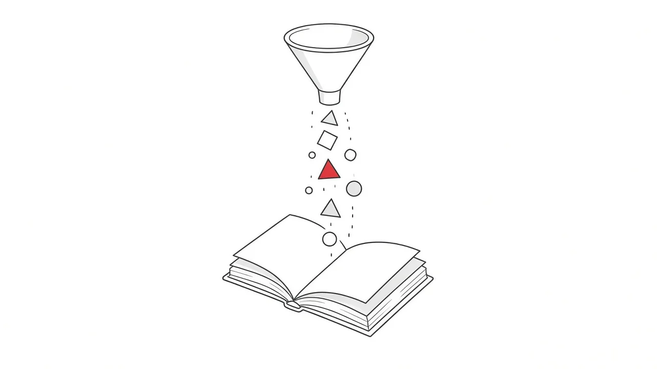 Geordnete Daten fließen aus einem Buch in ein System, symbolisiert strukturierte Daten für KI