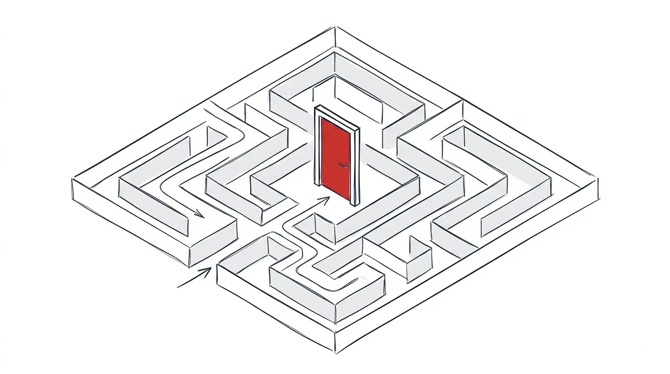 Illustration eines Labyrinths mit einer geschlossenen Tür als Symbol für Systemgrenzen
