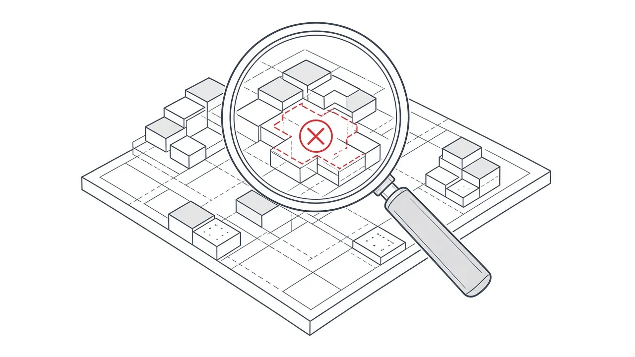 Lupe über einem strukturierten Bauplan zur Veranschaulichung technischer Analysen