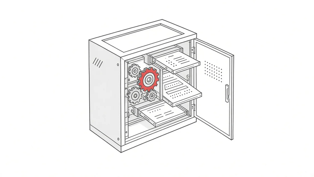 Technische Lesbarkeit für KI-Crawler Illustration eines zugänglichen Server-Systems mit Zahnrädern