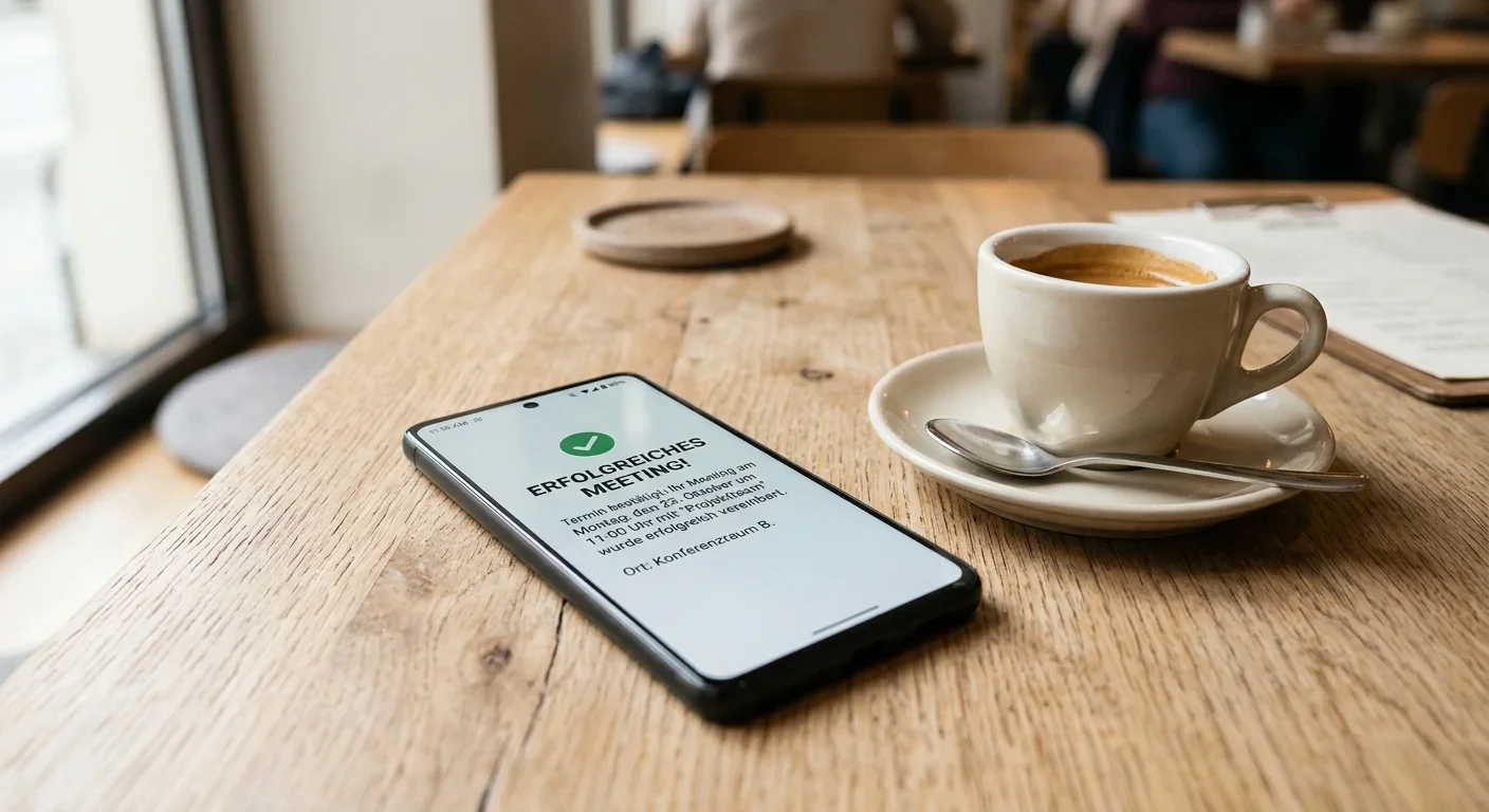 Smartphone mit Terminbestätigung auf einem Tisch