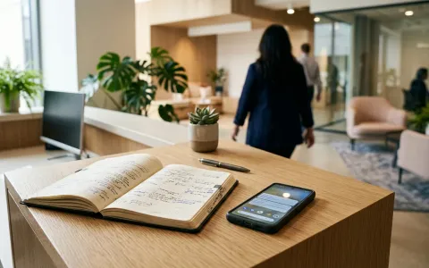 Smartphone und Terminplaner auf einem Empfangstresen