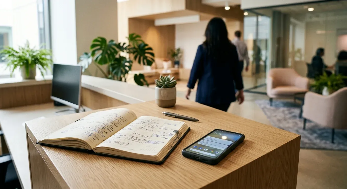 Smartphone und Terminplaner auf einem Empfangstresen