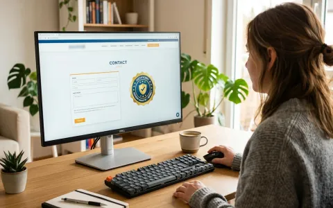 Person betrachtet seriöse Kanzlei-Webseite mit Gütesiegel am Monitor