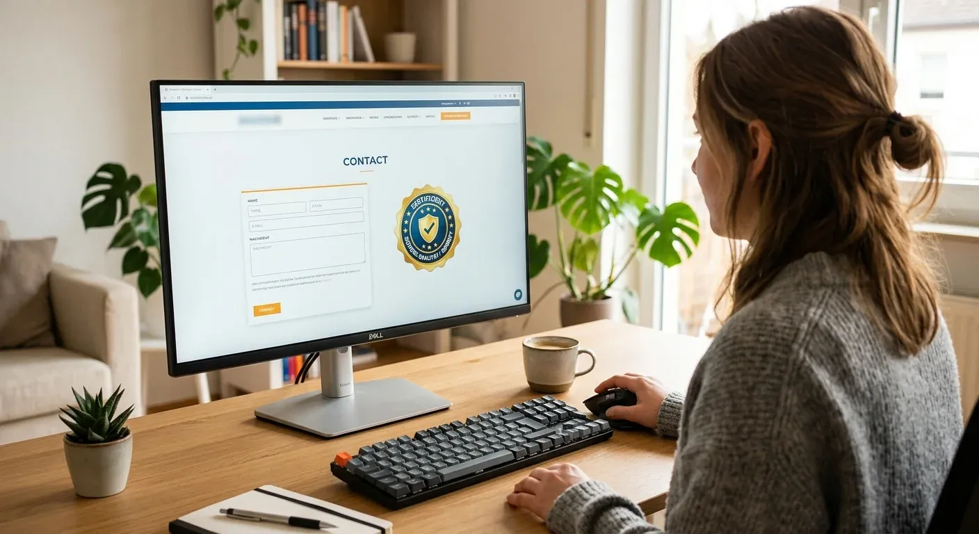 Person betrachtet seriöse Kanzlei-Webseite mit Gütesiegel am Monitor