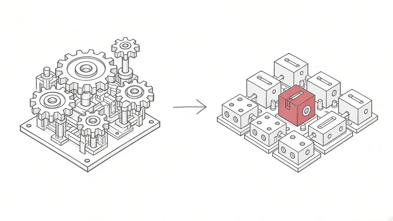Illustration eines Wechsels von einem komplexen Zahnradsystem zu modularen Bausteinen