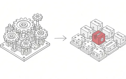 Illustration eines Wechsels von einem komplexen Zahnradsystem zu modularen Bausteinen