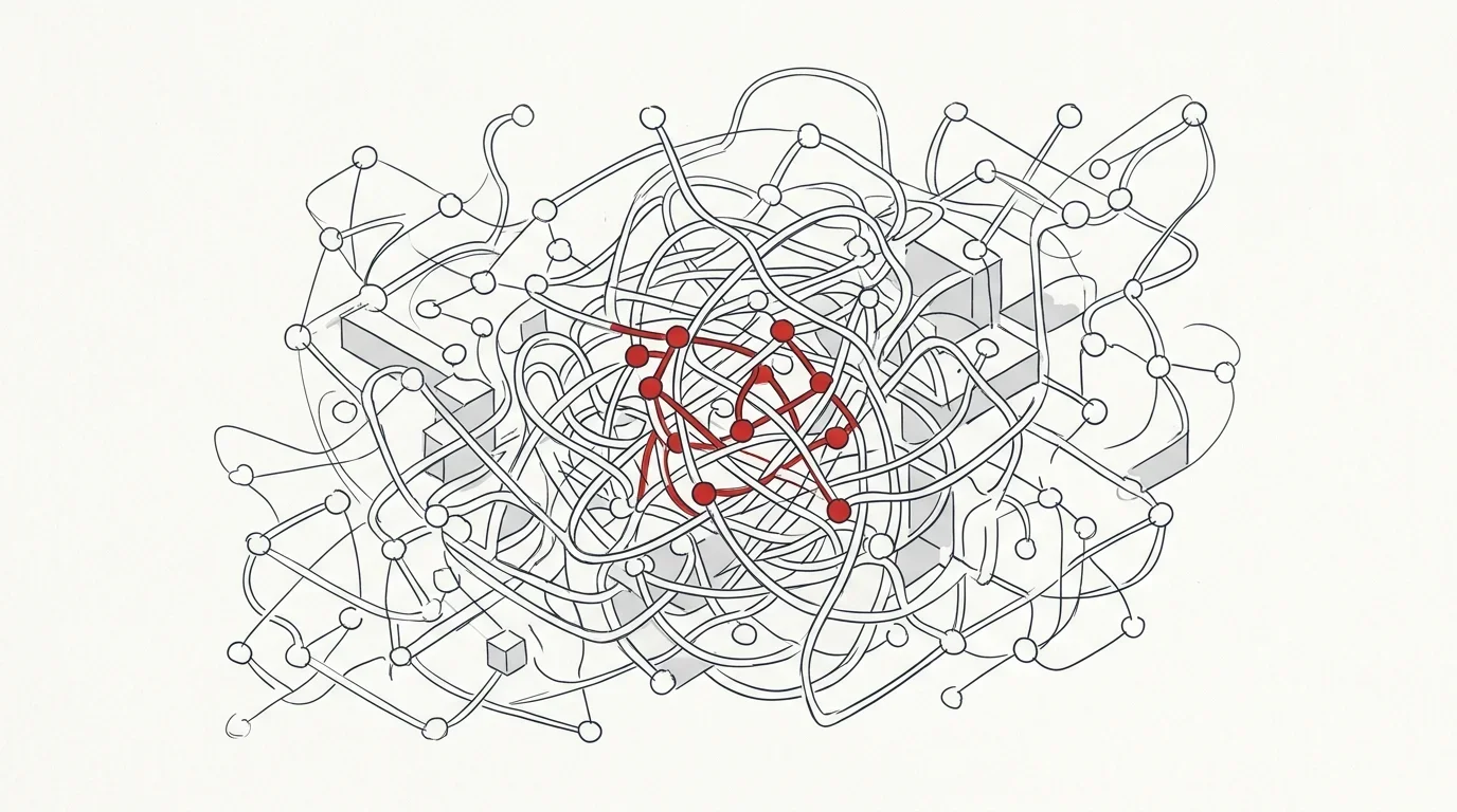 Illustration eines chaotischen, verworrenen Netzwerks aus Knotenpunkten