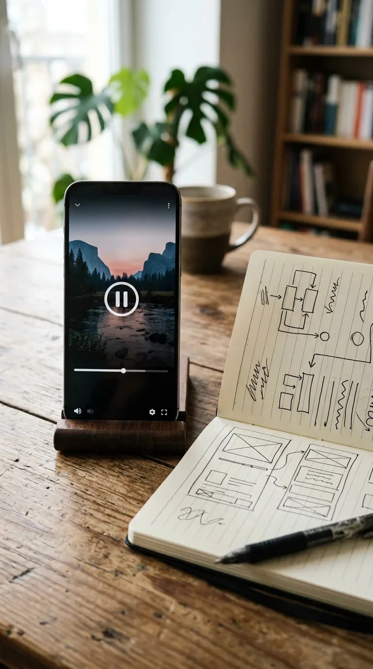 Smartphone mit pausiertem Videoplayer neben einem Notizblock