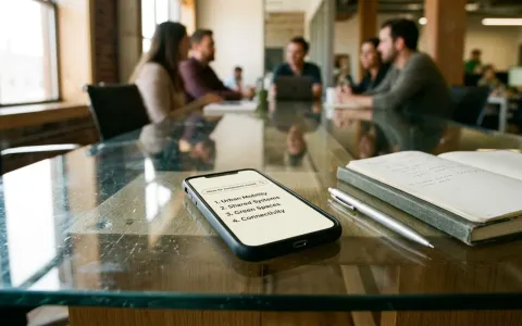Smartphone mit Suchoberfläche auf einem Besprechungstisch in einer Kanzlei