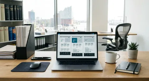 Laptop mit verschiedenen Layout-Konzepten auf einem Schreibtisch in einer Kanzlei