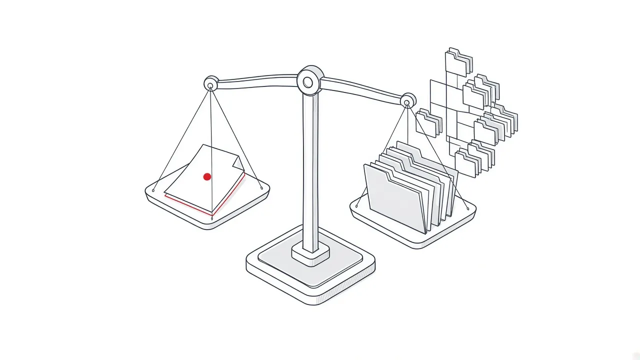 Isometrische Illustration einer Waage, die ein einzelnes Dokument mit einer komplexen Ordnerstruktur vergleicht