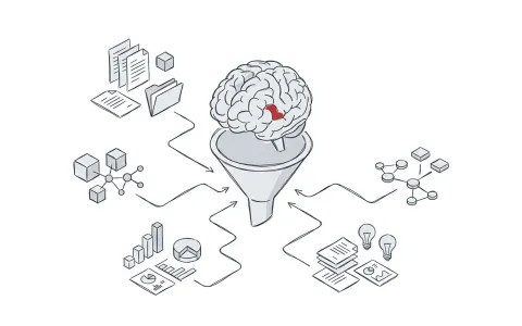 Illustration: Ein stilisiertes Gehirn zieht Informationen aus verschiedenen Datenquellen.