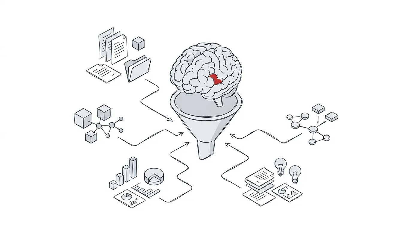 Illustration: Ein stilisiertes Gehirn zieht Informationen aus verschiedenen Datenquellen.