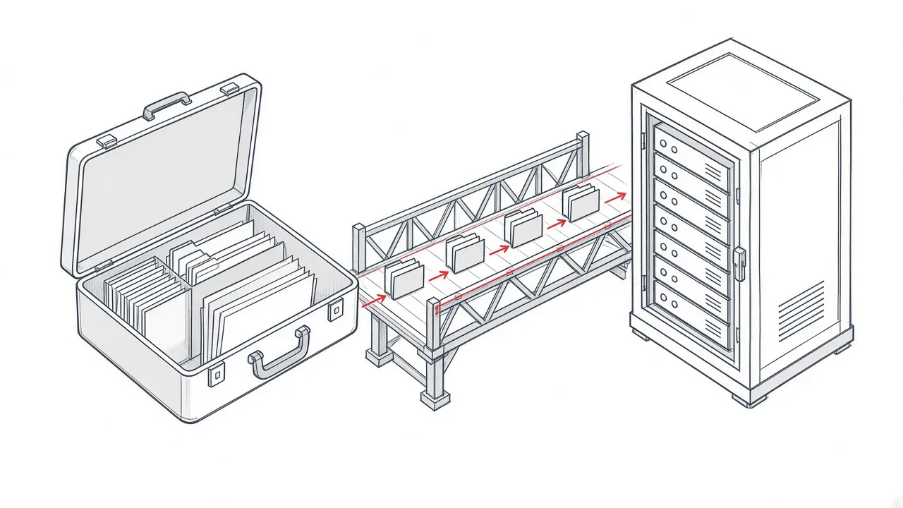 Illustration eines organisierten Datentransfers zwischen zwei Serverumgebungen