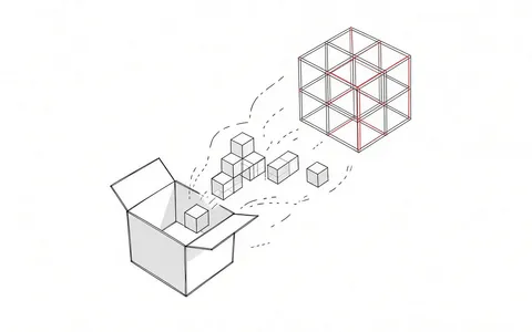 Isometrische Skizze eines offenen Kastens mit Bausteinen, die Systemgrenzen visualisiert