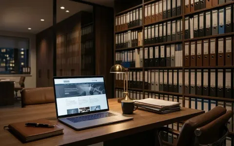 Laptop mit Kanzleipräsenz auf einem aufgeräumten Schreibtisch
