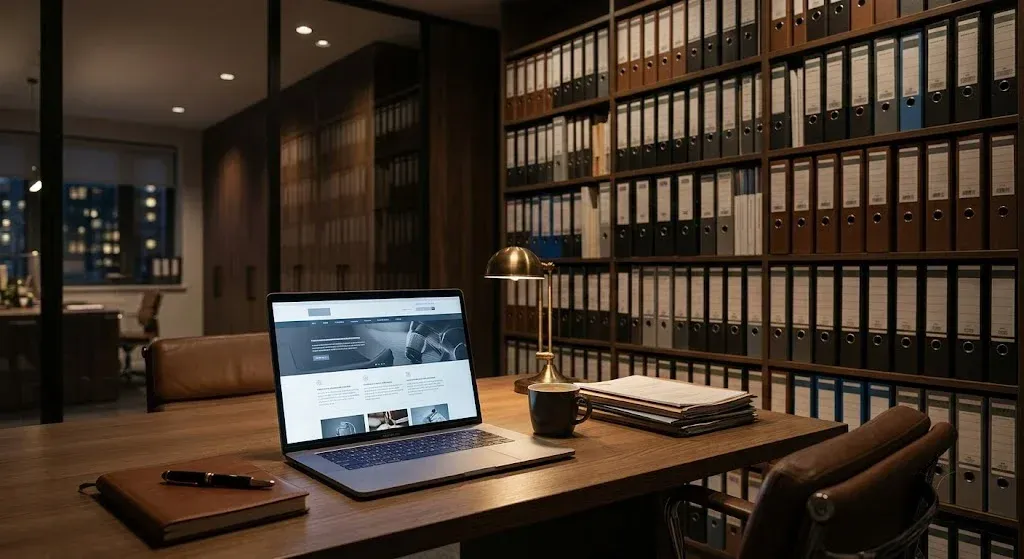 Laptop mit Kanzleipräsenz auf einem aufgeräumten Schreibtisch