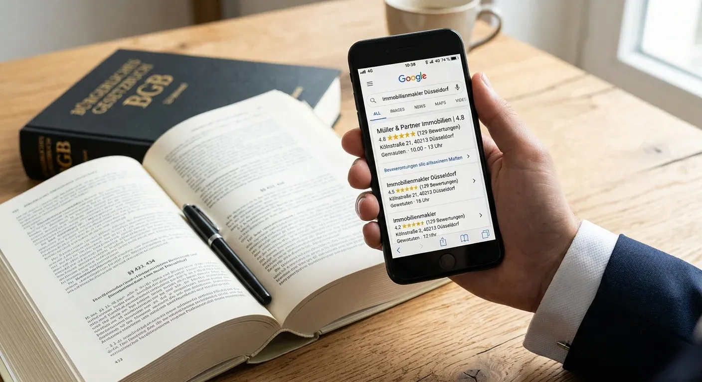 Smartphone mit Google-Bewertungen in der Hand eines Anwalts