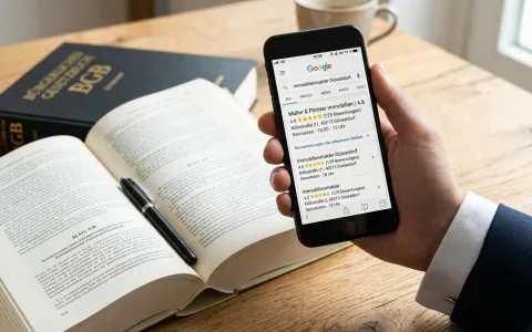 Smartphone mit Google-Bewertungen in der Hand eines Anwalts