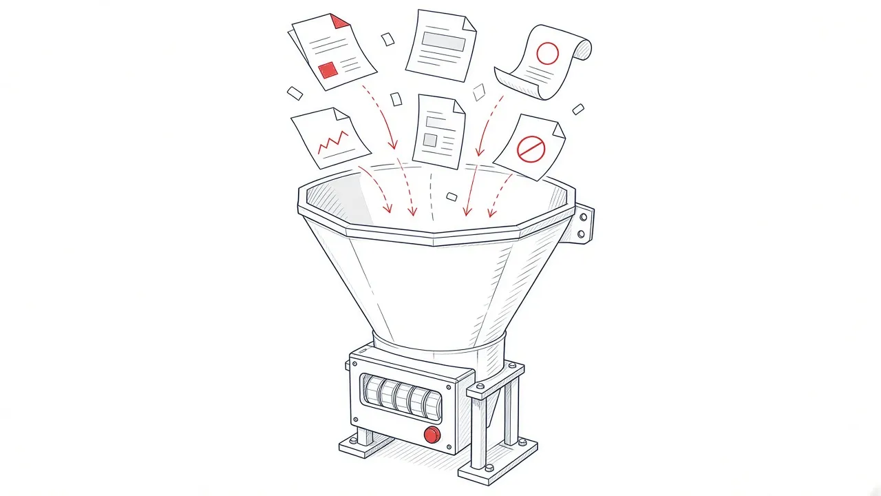 Illustration eines Trichters mit Dokumenten und einem Zählwerk zur Darstellung von URL-Limits
