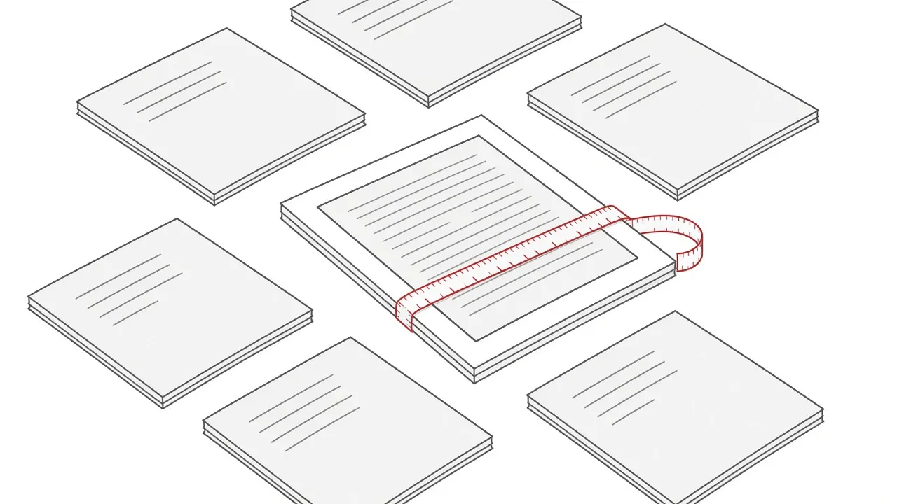 Isometrische Skizze eines Dokuments, das mit einem Maßband vermessen wird