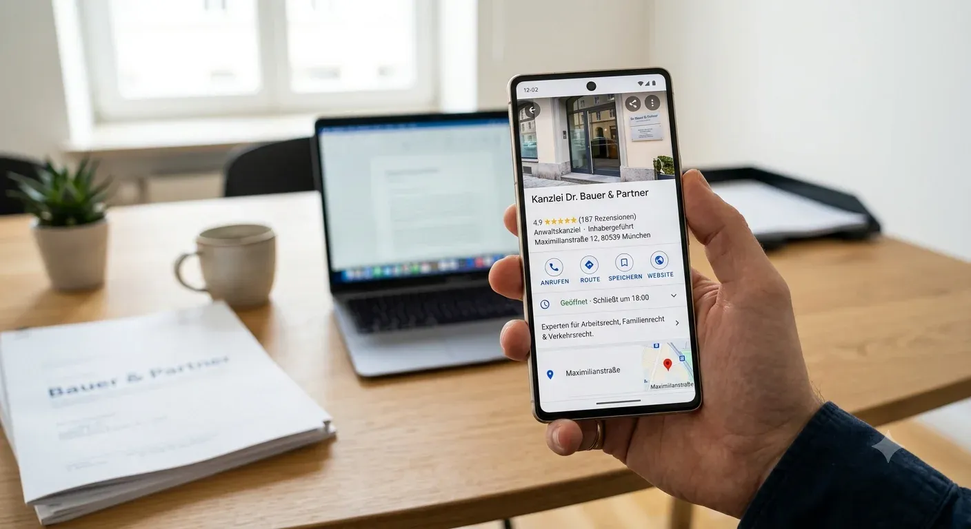 Google Business Profil einer Kanzlei auf einem Smartphone