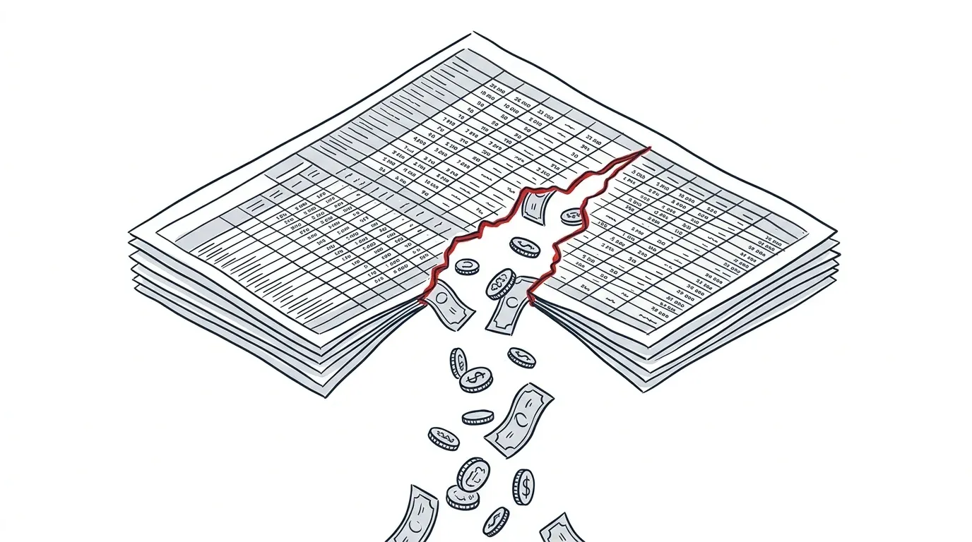 Illustration eines Risses in einer Tabelle, durch den Geld fällt