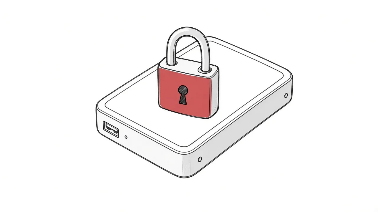 Externe Festplatte mit Schloss als Symbol für sichere WordPress-Backups
