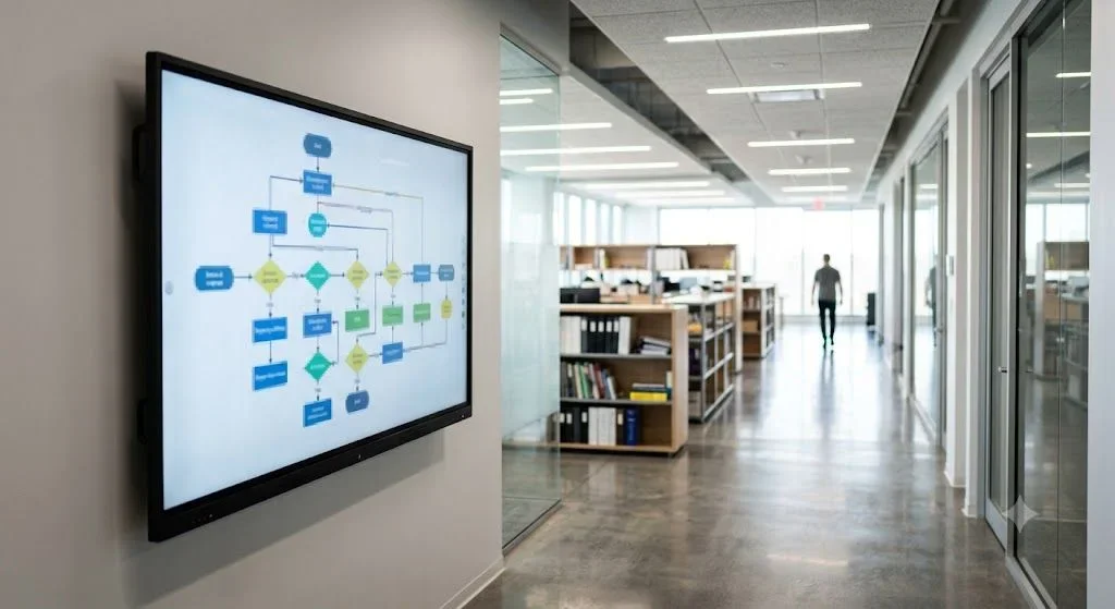 Digitales Whiteboard mit abstraktem Workflow-Diagramm